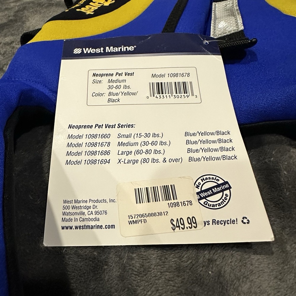 NWT West Marine Neoprene Pet Vest Sz M 30-60 lbs Water Boat Safety Dog Life Vest - Picture 6 of 6